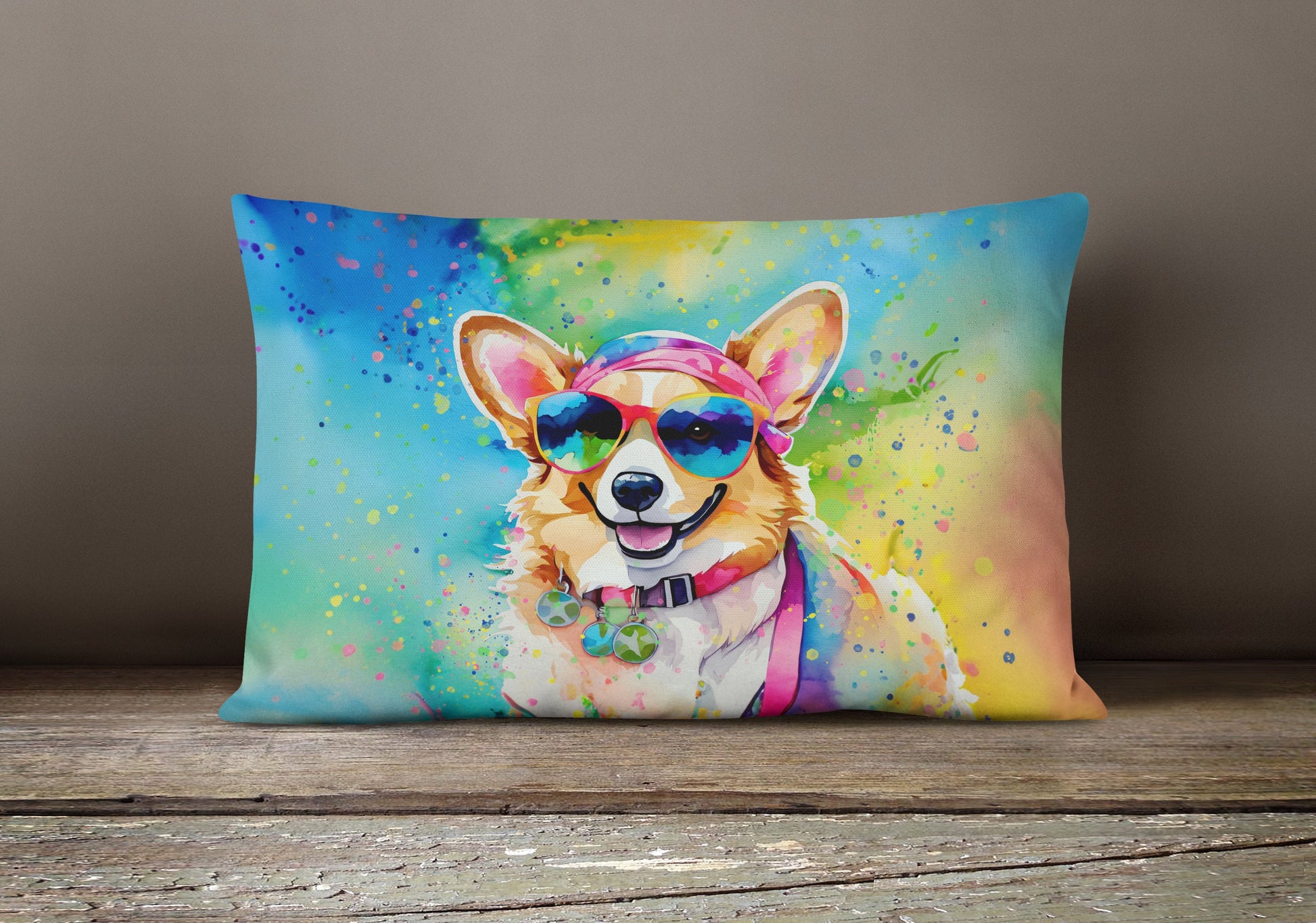Corgi Hippie Dawg Throw Pillow-3
