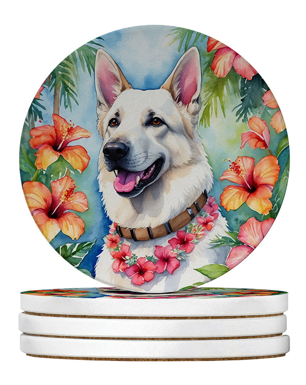 White German Shepherd Luau Large Sandstone Coasters Pack of 4-0