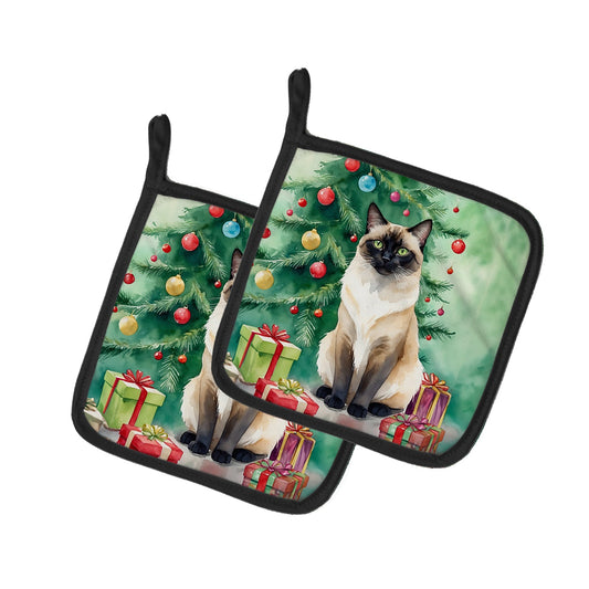 Birman Cat By the Christmas Tree Pair of Pot Holders-0