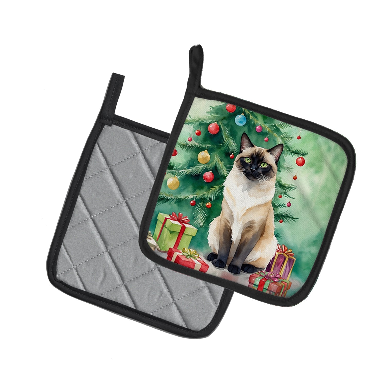 Birman Cat By the Christmas Tree Pair of Pot Holders-1