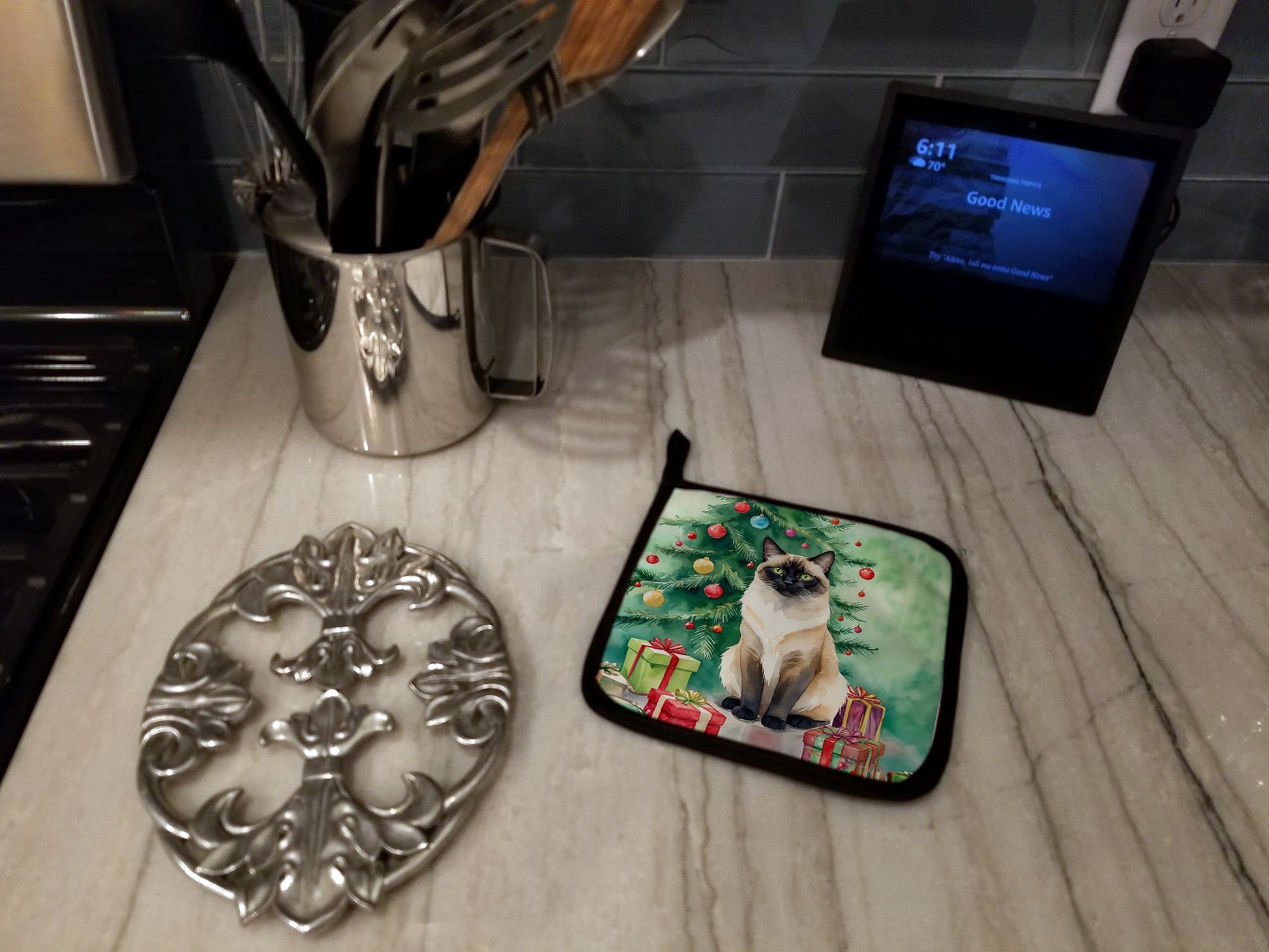 Birman Cat By the Christmas Tree Pair of Pot Holders-2