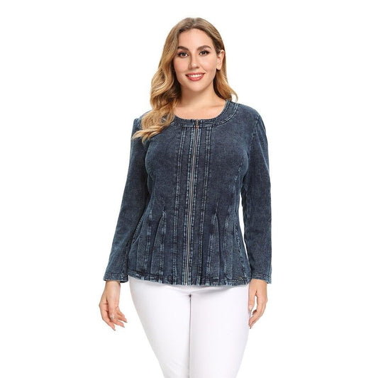 Women's Plus Size Autumn Casual Denim Jacket High Flexibility Cotton Knitted  Jacket-0