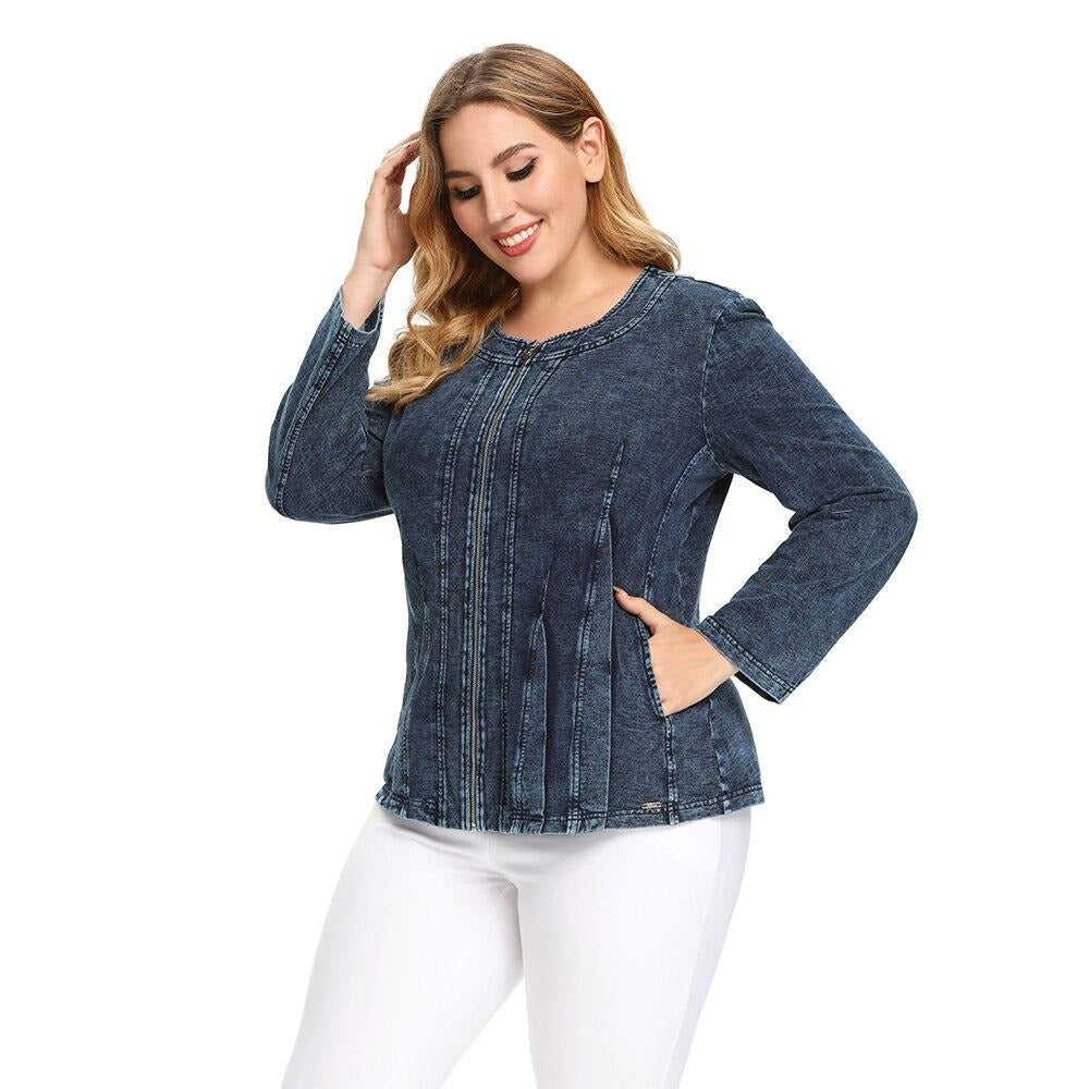 Women's Plus Size Autumn Casual Denim Jacket High Flexibility Cotton Knitted Jacket-3