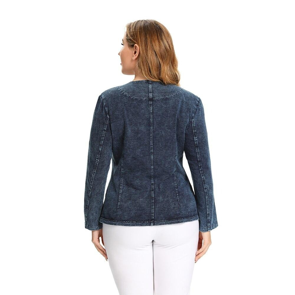 Women's Plus Size Autumn Casual Denim Jacket High Flexibility Cotton Knitted Jacket-1