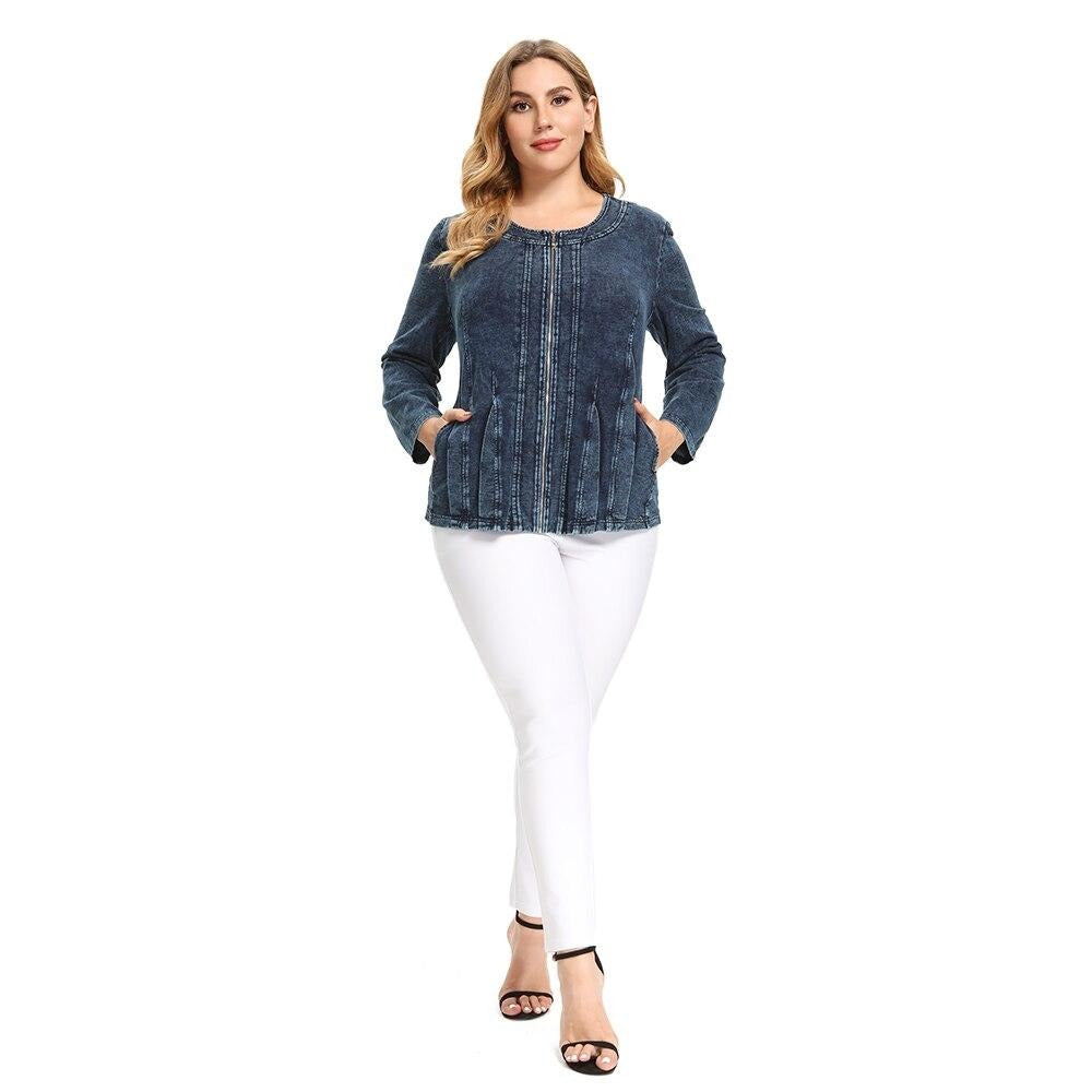 Women's Plus Size Autumn Casual Denim Jacket High Flexibility Cotton Knitted Jacket-2