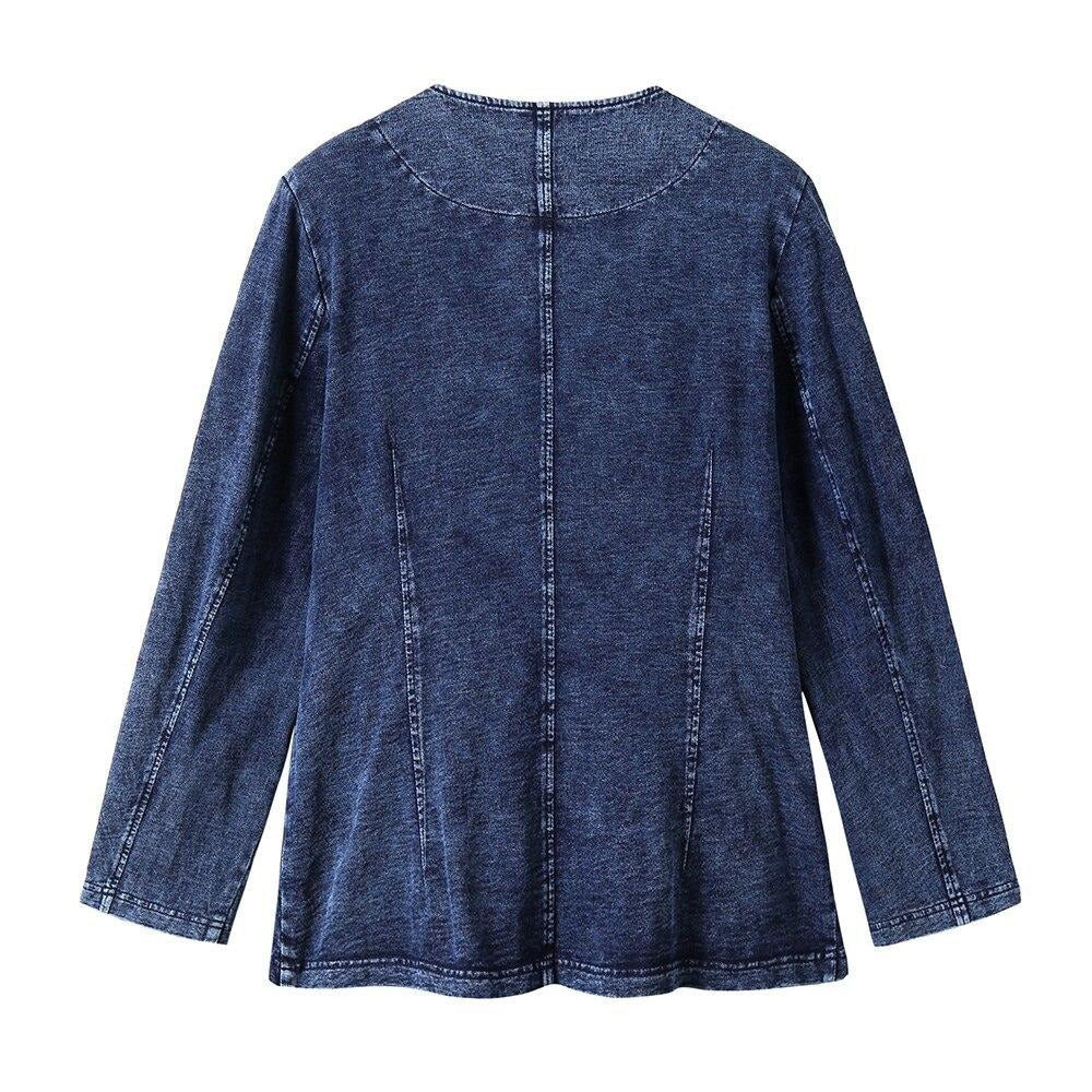 Women's Plus Size Autumn Casual Denim Jacket High Flexibility Cotton Knitted Jacket-4