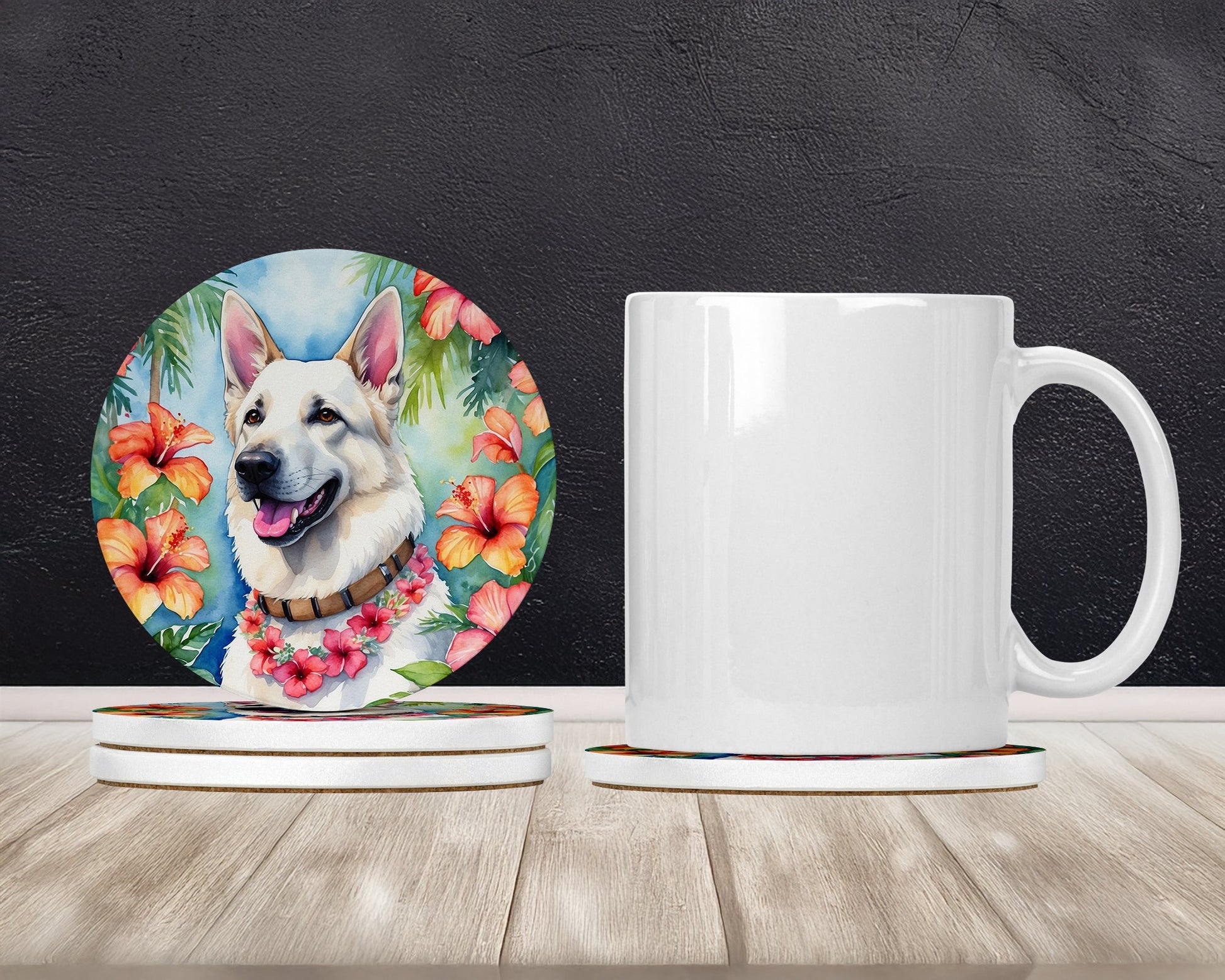 White German Shepherd Luau Large Sandstone Coasters Pack of 4-1
